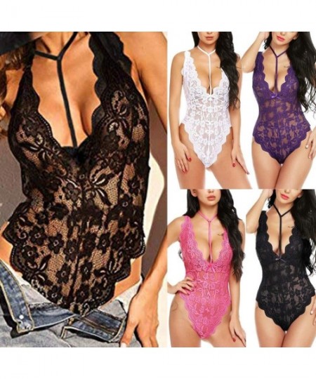 Thermal Underwear Womens Sheer Lace Bodysuit Teddy Lingerie One Piece Bodysuit Lace Sleepwear - Black - CT18Z20GKR8