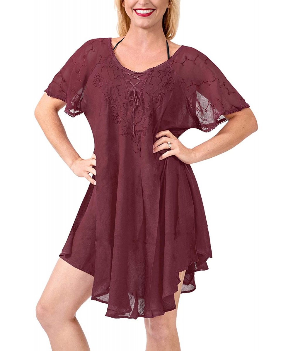 Nightgowns & Sleepshirts Women's Midi Hawaiian Aloha Party Camp Swing Beach Dress Hand Tie Dye A - Maroon_a276 - CY18R9Y0H3M