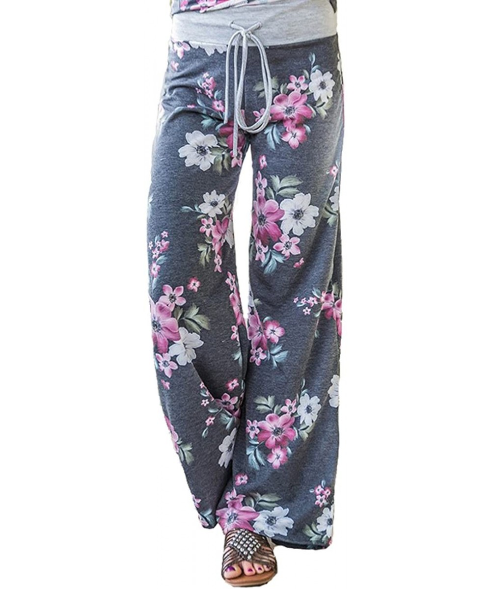 Bottoms Women's Summer Casual Pajama Pants Floral Print Drawstring Palazzo Lounge Pants Wide Leg - Grey5 - CG18EG9L7ZU