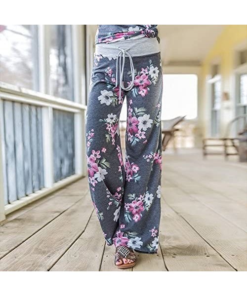 Bottoms Women's Summer Casual Pajama Pants Floral Print Drawstring Palazzo Lounge Pants Wide Leg - Grey5 - CG18EG9L7ZU