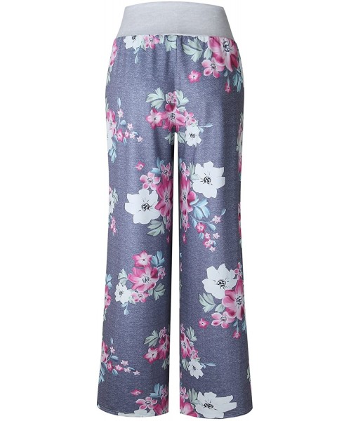 Bottoms Women's Summer Casual Pajama Pants Floral Print Drawstring Palazzo Lounge Pants Wide Leg - Grey5 - CG18EG9L7ZU