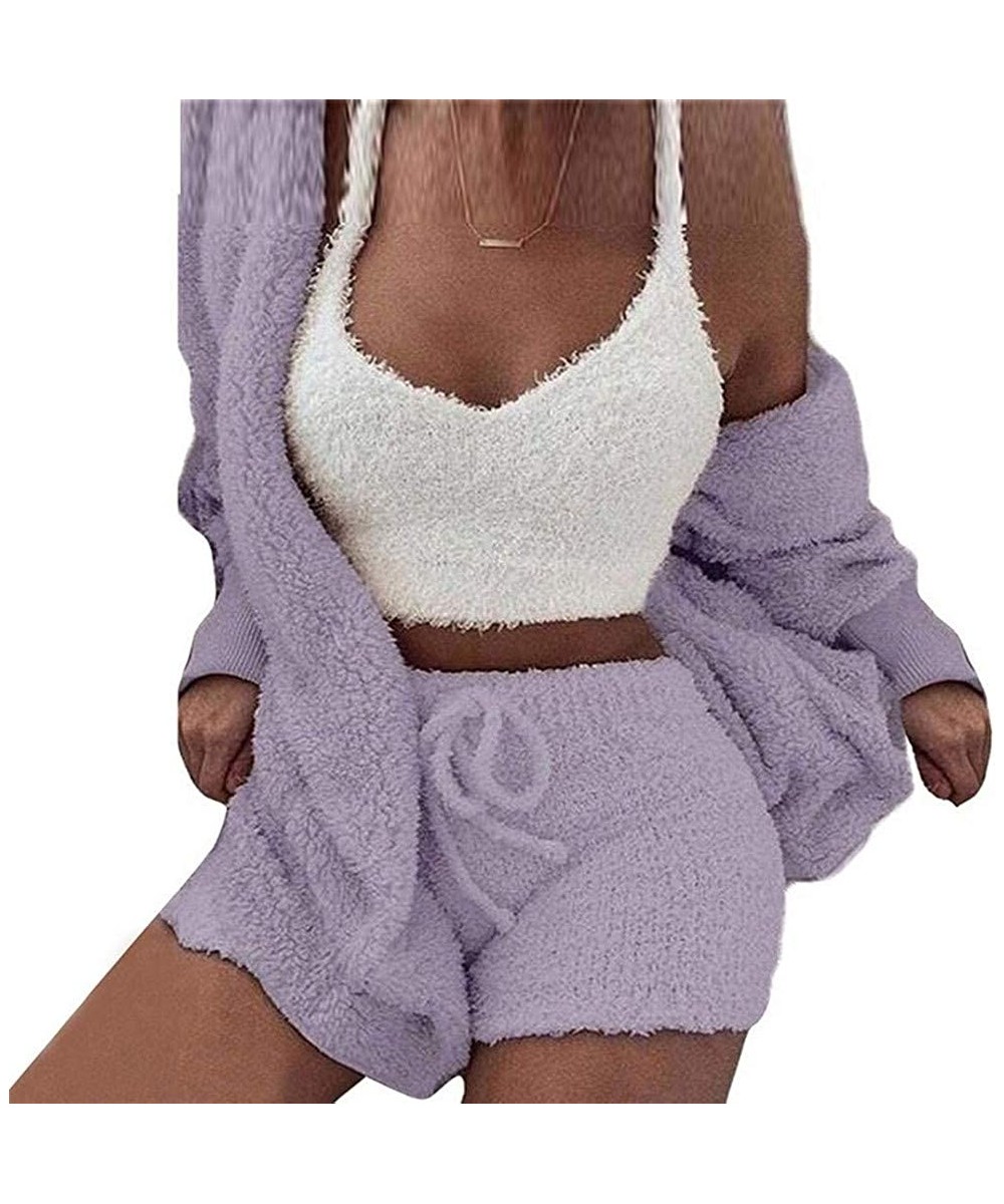 Sets Women's Sexy Fuzzy Fleece 3 Piece Outfits Pajamas Soft Sherpa Coat Jacket and Crop Top Shorts Set - Purple - C0197TDX756