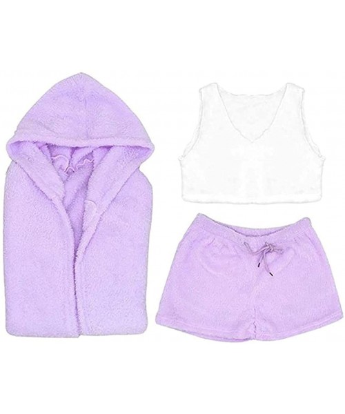 Sets Women's Sexy Fuzzy Fleece 3 Piece Outfits Pajamas Soft Sherpa Coat Jacket and Crop Top Shorts Set - Purple - C0197TDX756