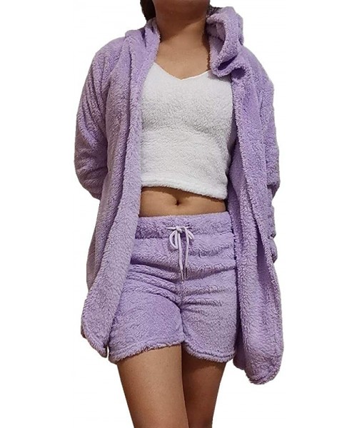 Sets Women's Sexy Fuzzy Fleece 3 Piece Outfits Pajamas Soft Sherpa Coat Jacket and Crop Top Shorts Set - Purple - C0197TDX756