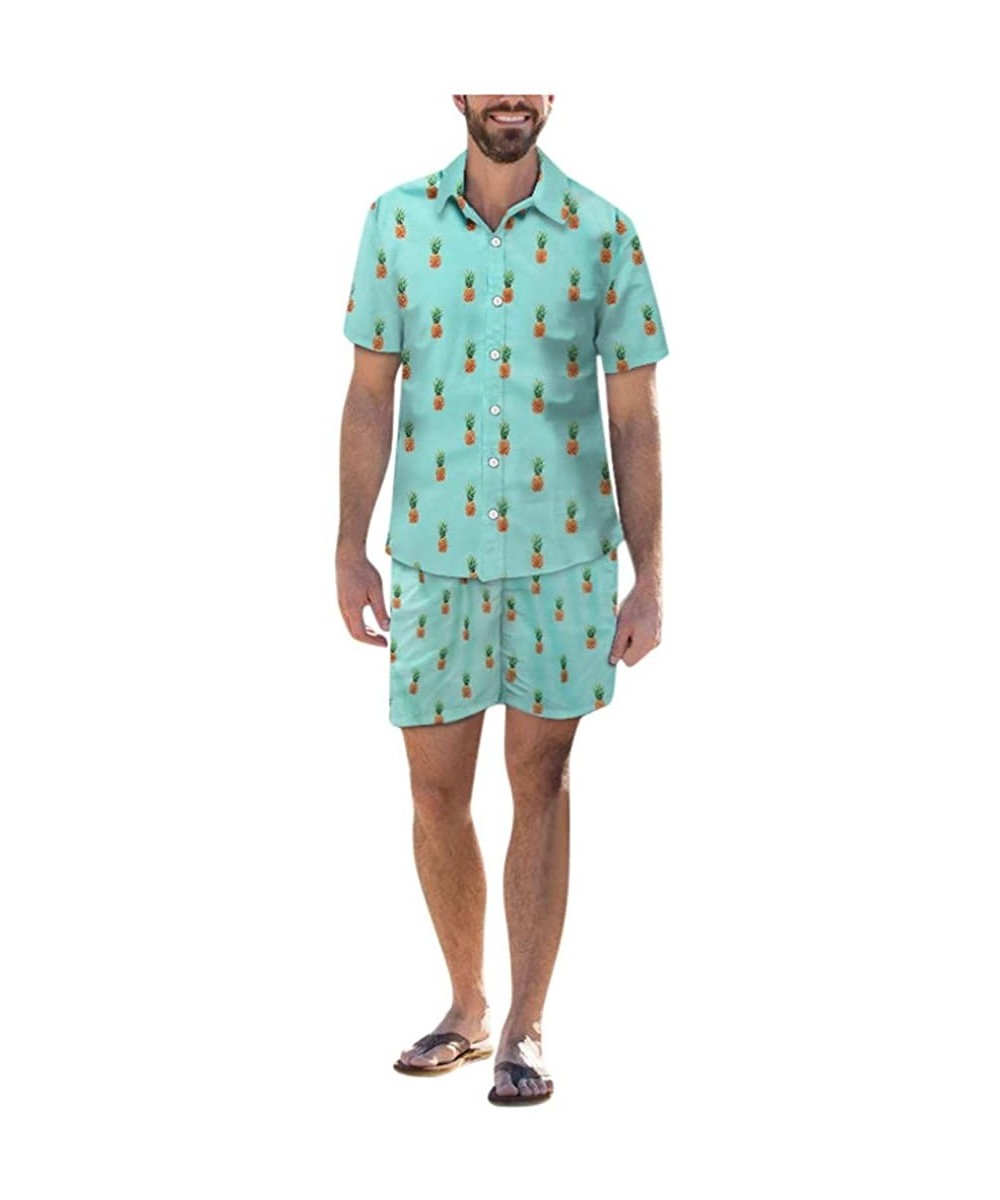 Shapewear Men's Summer Print Suit Fashion Short Sleeve Shorts Set Shirt Set Pocket Vocation - M Mint Green - CO197IC6I40