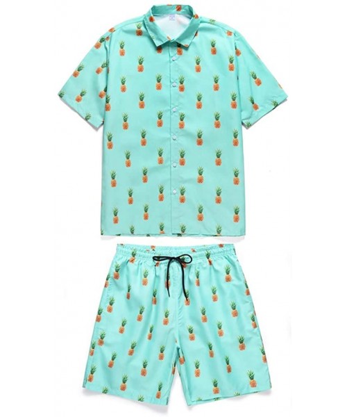 Shapewear Men's Summer Print Suit Fashion Short Sleeve Shorts Set Shirt Set Pocket Vocation - M Mint Green - CO197IC6I40