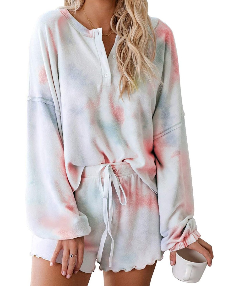 Sets Womens Tie Dye Printed Pajamas Set Long Sleeve Sleepwear Tops with Shorts PJ Set Loungewear Nightwear Tie Dye Orange - C...