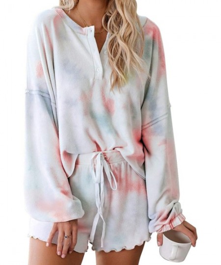 Sets Womens Tie Dye Printed Pajamas Set Long Sleeve Sleepwear Tops with Shorts PJ Set Loungewear Nightwear Tie Dye Orange - C...