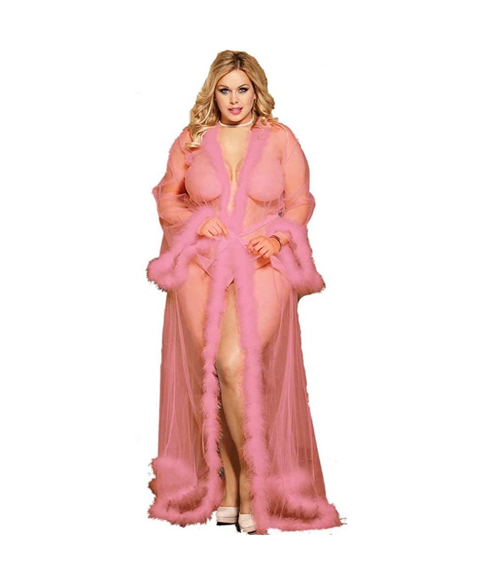 Robes Stunning and Gorgeous Robe Perspective Sheer Sleepwear with Faux Fur - Pink - CZ19CH8G6KM