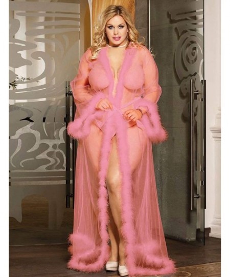 Robes Stunning and Gorgeous Robe Perspective Sheer Sleepwear with Faux Fur - Pink - CZ19CH8G6KM