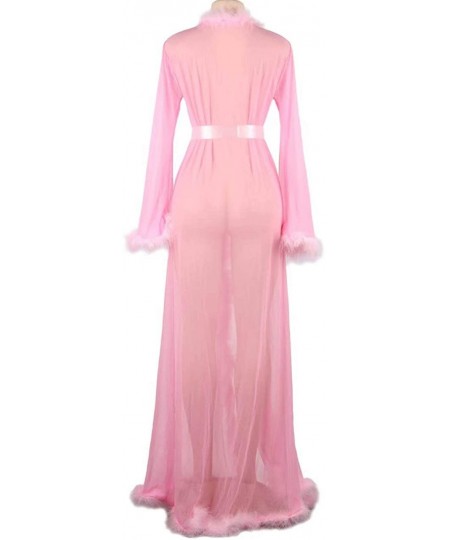 Robes Stunning and Gorgeous Robe Perspective Sheer Sleepwear with Faux Fur - Pink - CZ19CH8G6KM