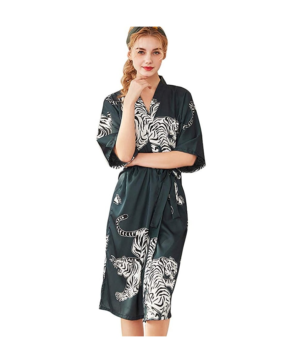 Robes Couple Lover Set Chinese Style Tiger Print Bathrobe Pajamas Belt Loose Breathable Sleepwear - Women Green - CS18QS4C337