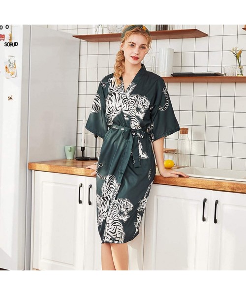 Robes Couple Lover Set Chinese Style Tiger Print Bathrobe Pajamas Belt Loose Breathable Sleepwear - Women Green - CS18QS4C337