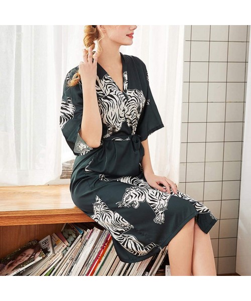 Robes Couple Lover Set Chinese Style Tiger Print Bathrobe Pajamas Belt Loose Breathable Sleepwear - Women Green - CS18QS4C337