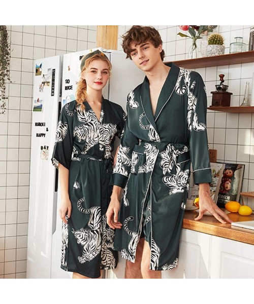 Robes Couple Lover Set Chinese Style Tiger Print Bathrobe Pajamas Belt Loose Breathable Sleepwear - Women Green - CS18QS4C337