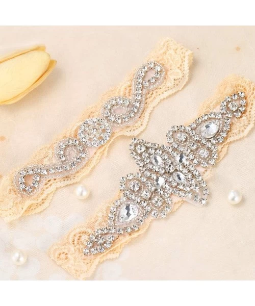 Garters & Garter Belts Sliver Rhinestones Lace Wedding Bridal Garter Belt Set Light Champagne Color - Light Champagne - CX185...