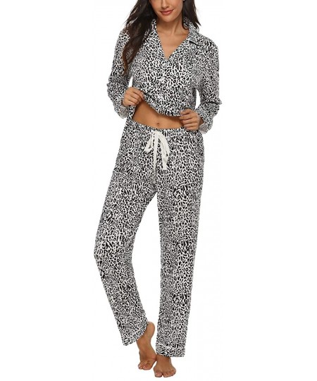 Sets Womens Pajamas Set Long Sleeve Sleepwear Button Down Nightwear Pj Lounge Sets V-Neck - Leopard - C419394ZG4T