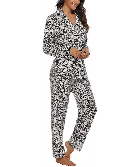 Sets Womens Pajamas Set Long Sleeve Sleepwear Button Down Nightwear Pj Lounge Sets V-Neck - Leopard - C419394ZG4T