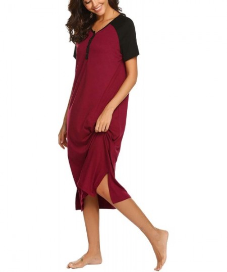 Nightgowns & Sleepshirts Women Long Nightgown Short Sleeve Sleepshirt Button Up Sleepwear Casual Henley Lounge Dress with Poc...