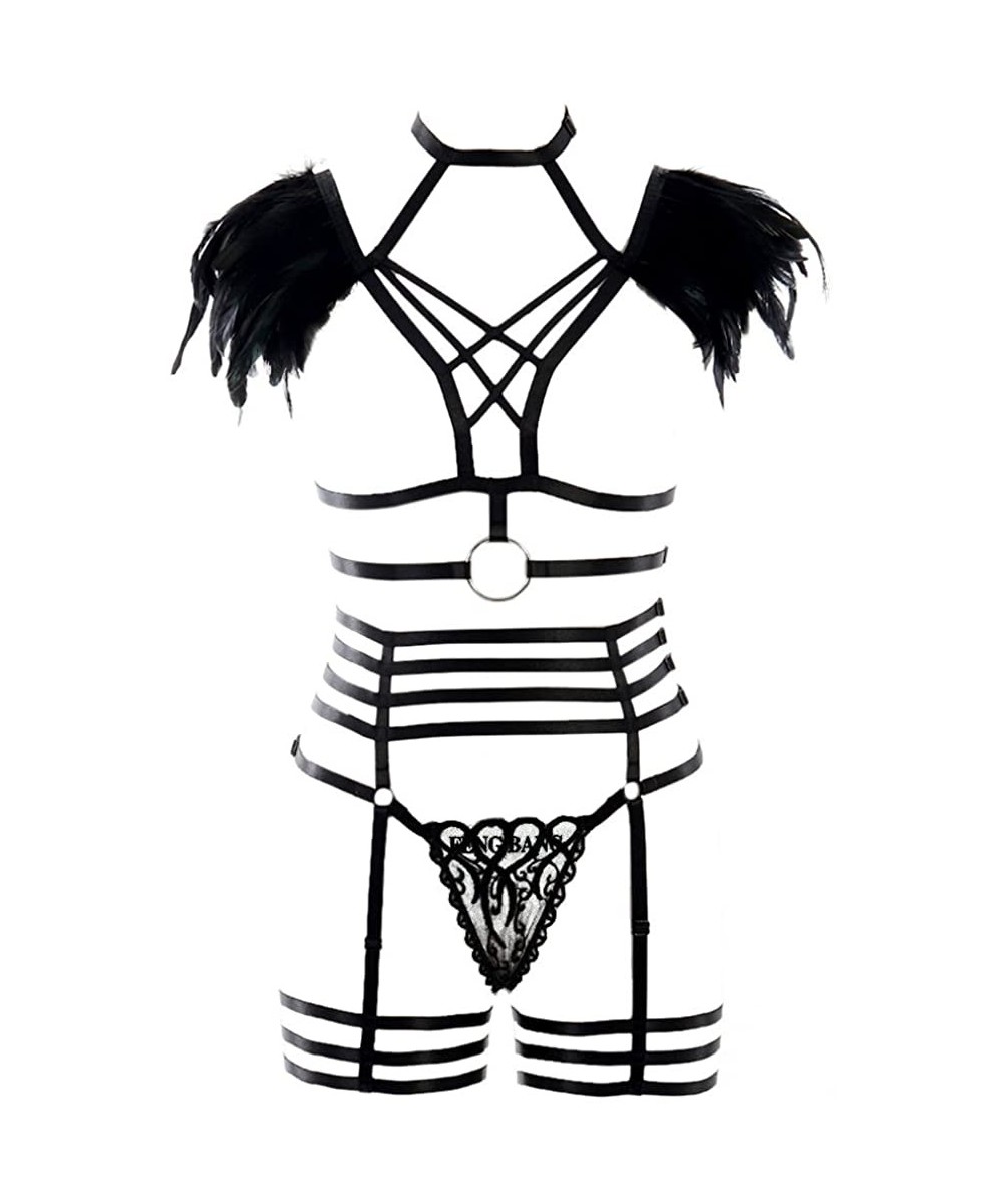 Garters & Garter Belts Womens Black Goth Feather Epaulettes Body Harness Lingerie Set Garter Belts Plus Size - CT18H45RIRC