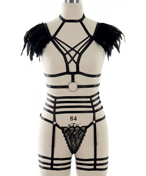 Garters & Garter Belts Womens Black Goth Feather Epaulettes Body Harness Lingerie Set Garter Belts Plus Size - CT18H45RIRC