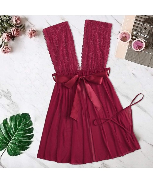 Accessories Pajamas Set Women Lace Lingerie Bowknot Sleepwear Underwear Lace Dress G-String Nightdress - Winered - CC18XH26N9L