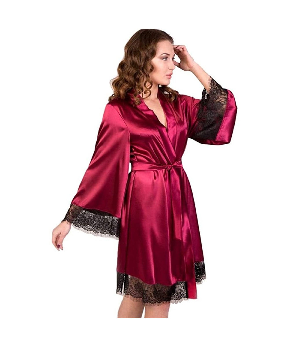 Robes Women's Robe Sexy Lingerie Kimonos Long Sleeve Lace Satin Robes Bathrobe Bridesmaids Nightdress Sleepwear - Wine - C219...