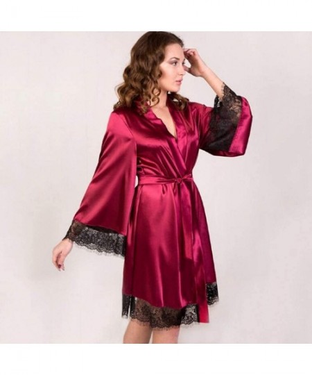 Robes Women's Robe Sexy Lingerie Kimonos Long Sleeve Lace Satin Robes Bathrobe Bridesmaids Nightdress Sleepwear - Wine - C219...