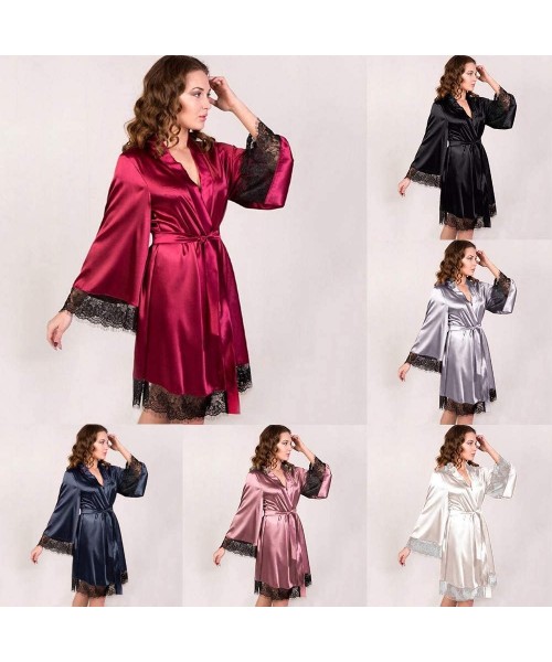 Robes Women's Robe Sexy Lingerie Kimonos Long Sleeve Lace Satin Robes Bathrobe Bridesmaids Nightdress Sleepwear - Wine - C219...