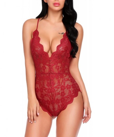 Shapewear Women Lace Bodysuit Lingerie Teddy Mini Babydoll One Piece - Dark Red - CK18KMQKSTH