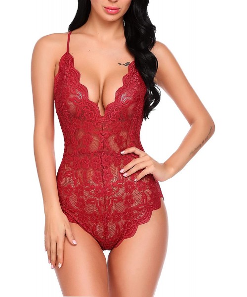 Shapewear Women Lace Bodysuit Lingerie Teddy Mini Babydoll One Piece - Dark Red - CK18KMQKSTH