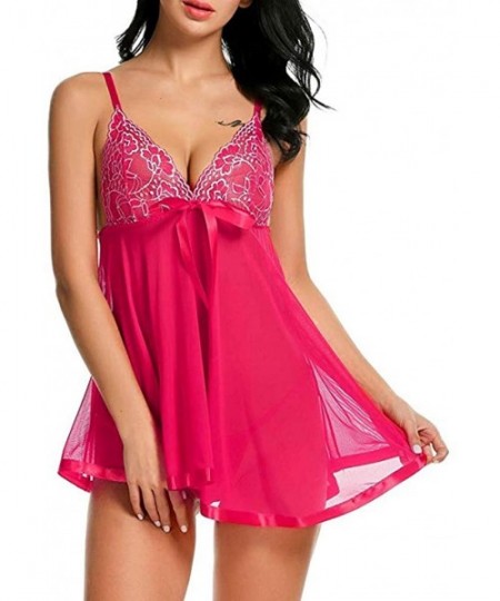 Baby Dolls & Chemises Women Babydoll Lingerie Lace Chemise Halter Nightwear Teddy Dress - Hot Pink - CQ197EDEIND