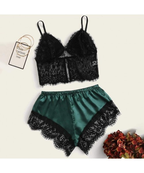 Slips Ladies Sexy lace Bra Vest Lingerie Silk Underwear Sleepwear Nightdress Pajama Tops and Shorts - Green B - CC198ND62ML