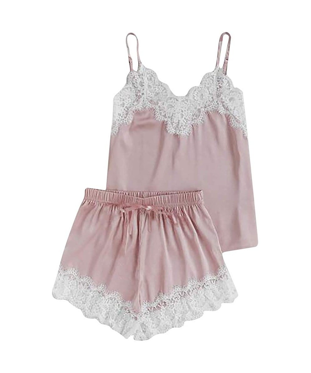 Sets Women Sleepwear Sleeveless Strap Nightwear Lace Trim Satin Cami Top Pajama Sets - Pink - CW18UQ3XUL7