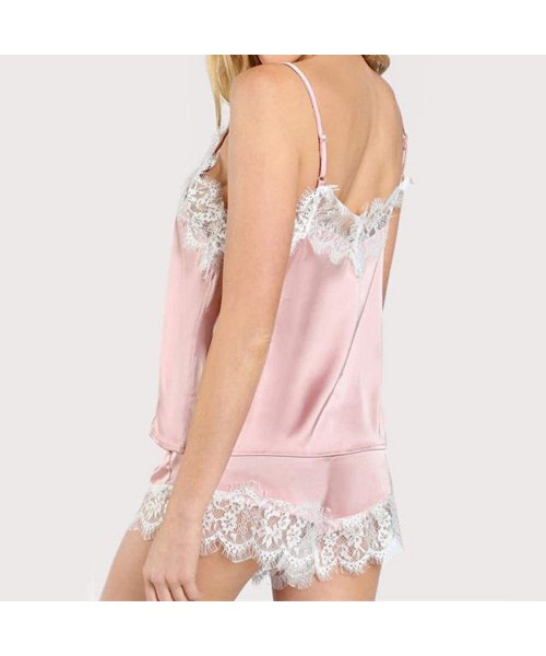 Sets Women Sleepwear Sleeveless Strap Nightwear Lace Trim Satin Cami Top Pajama Sets - Pink - CW18UQ3XUL7