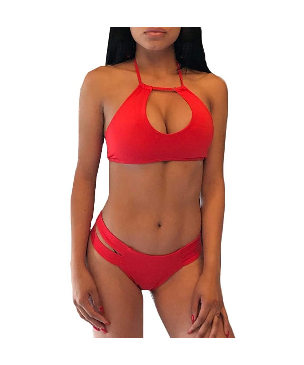 Slips Fashion Women Sexy Lingerie Underwear Plus Size Pure Color Bandage Bra Set S-3XL - Red - CJ18UW5UL9G