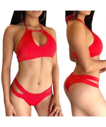 Slips Fashion Women Sexy Lingerie Underwear Plus Size Pure Color Bandage Bra Set S-3XL - Red - CJ18UW5UL9G