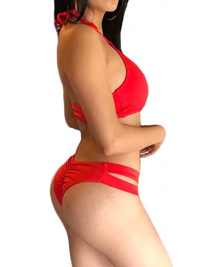 Slips Fashion Women Sexy Lingerie Underwear Plus Size Pure Color Bandage Bra Set S-3XL - Red - CJ18UW5UL9G