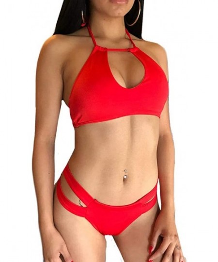 Slips Fashion Women Sexy Lingerie Underwear Plus Size Pure Color Bandage Bra Set S-3XL - Red - CJ18UW5UL9G