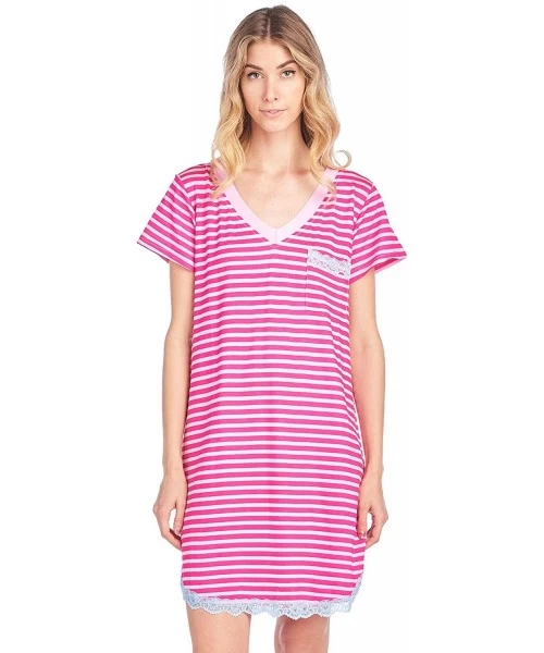 Nightgowns & Sleepshirts Women's Rayon Short Sleeve Nightgown Dorm Sleepshirt - Pink Fuchsia Stripe - CJ18EMD422I