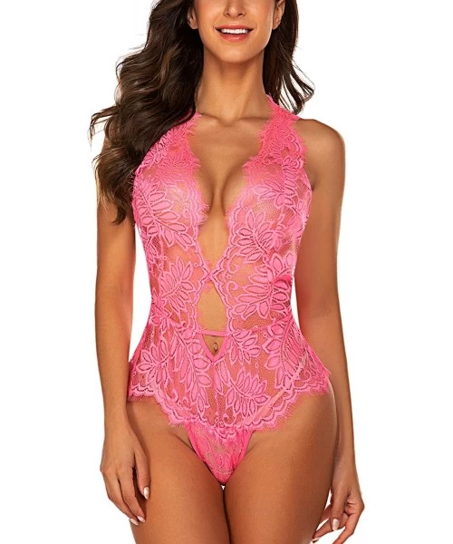 Baby Dolls & Chemises Women One Piece Lingerie Deep V Teddy Lace Bodysuit Mini Babydoll - Rose Red - C11982ZDEX3