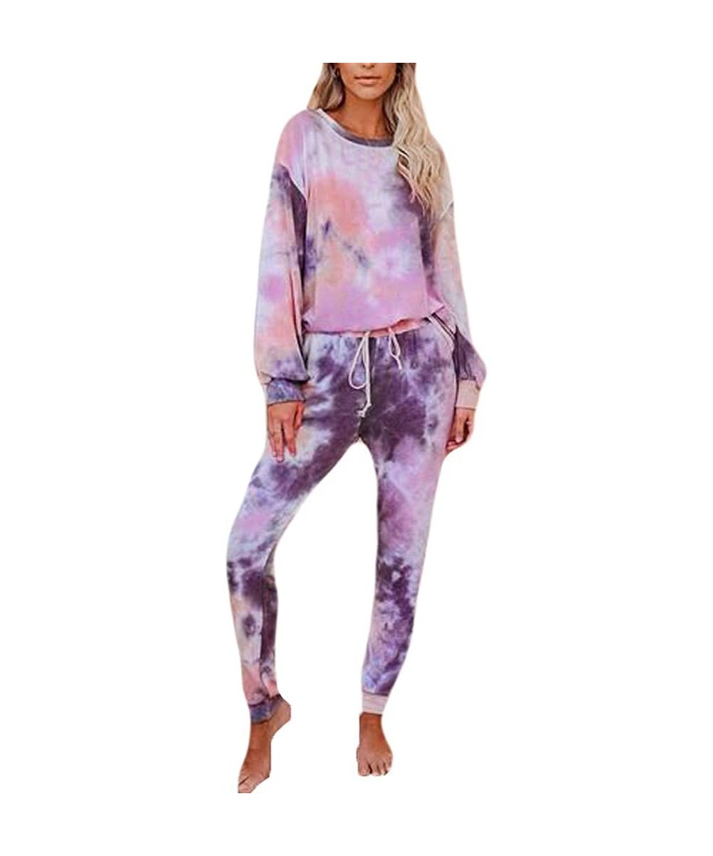 Sets Sweatsuit for Women Plus Size-Tie Dye Print Pajama Sets Long Sleeve Tee and Sweatpants Loungewear Leisure Sleepwear - Pu...