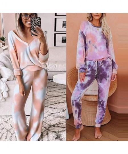 Sets Sweatsuit for Women Plus Size-Tie Dye Print Pajama Sets Long Sleeve Tee and Sweatpants Loungewear Leisure Sleepwear - Pu...