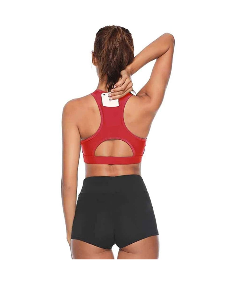 Bras Top Women Sports Bra with Phone Pocket Push Up Underwear Top Female Gym Fitness Running Yoga - Red - CL18AA7U4S4