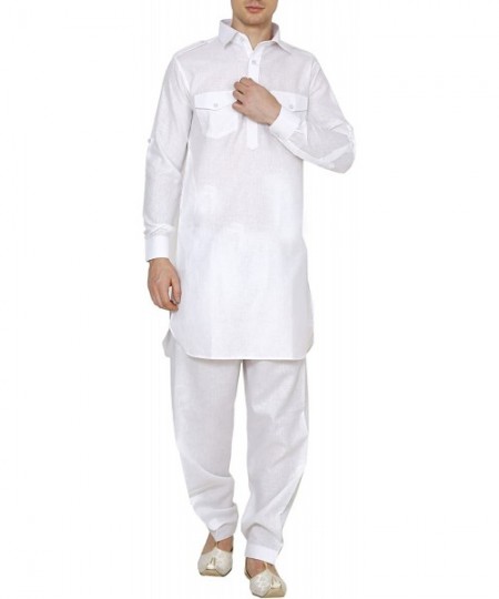 Sleep Tops Varomhey Men Linen Cotton Pathani Suit White - CQ18LY4A3QL