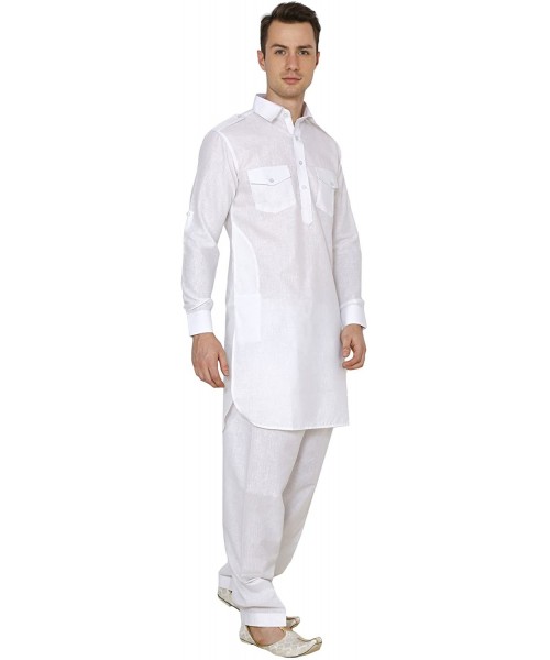 Sleep Tops Varomhey Men Linen Cotton Pathani Suit White - CQ18LY4A3QL