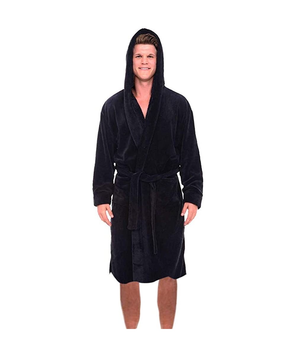 Robes Mens Robe with Hood and Pocket Fleece Pure Colour Knee Length Spa/Bath Plush Bathrobe Robes - Black - C71928IUQGN