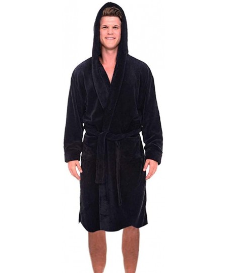 Robes Mens Robe with Hood and Pocket Fleece Pure Colour Knee Length Spa/Bath Plush Bathrobe Robes - Black - C71928IUQGN