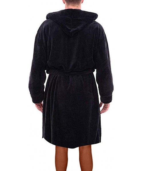 Robes Mens Robe with Hood and Pocket Fleece Pure Colour Knee Length Spa/Bath Plush Bathrobe Robes - Black - C71928IUQGN