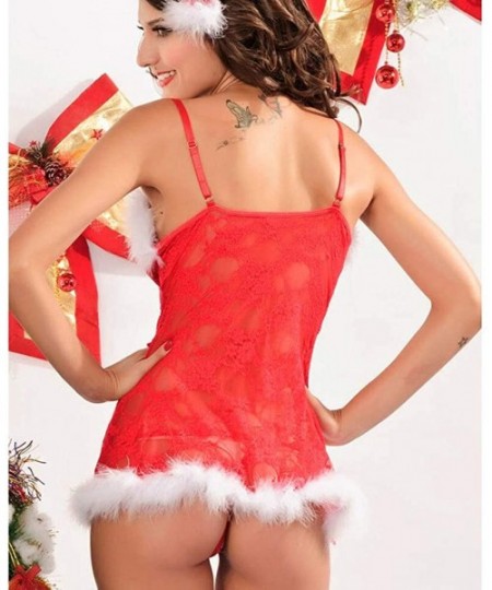 Baby Dolls & Chemises Women's Sexy Santa Lingerie Set Red Christmas Babydoll V-Neck Strap Chemises Outfit Lace Sleepwear - Re...